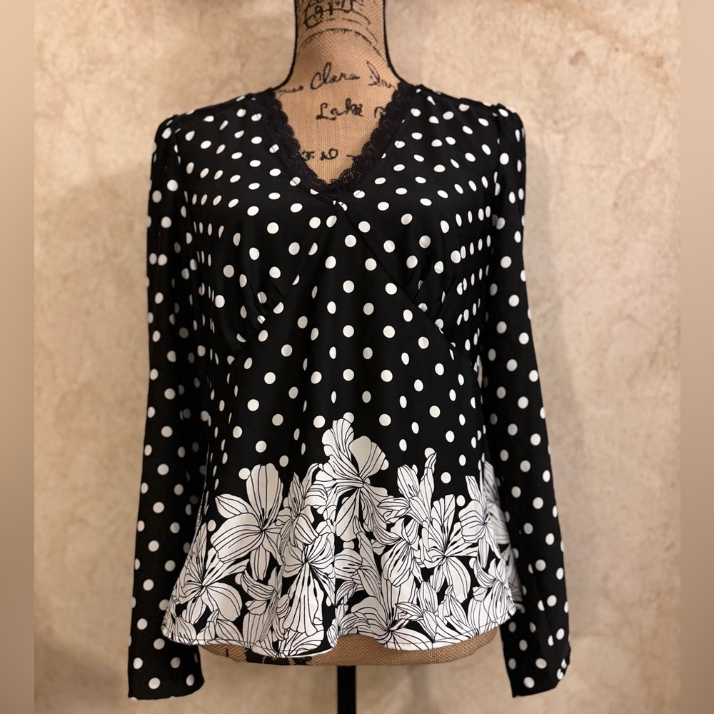 Nanette Lepore Black and White Polka Dot Floral Blouse